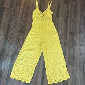 Zara Yellow Empire Waist Jumpsuit with Eyelet Lace size XS
